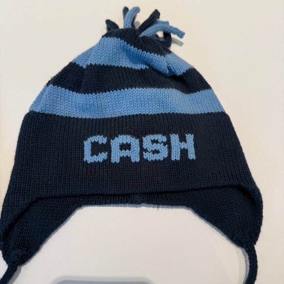 Set of 2 Navy Blue, Light Blue & Green Striped Cotton Knit Baby Kids Earflap Hat - Picture 3 of 4